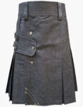 Black-Denim-Leather-Strip-Kilt-For-Men