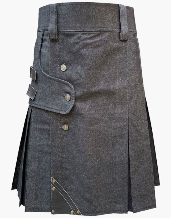 Black Denim Leather Strip Kilt For Men