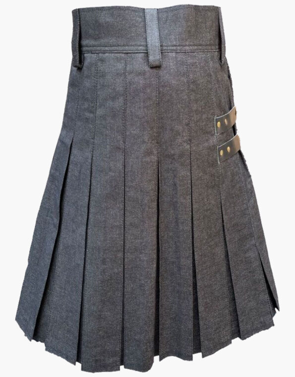 Black Denim Leather Strip Kilt For Men