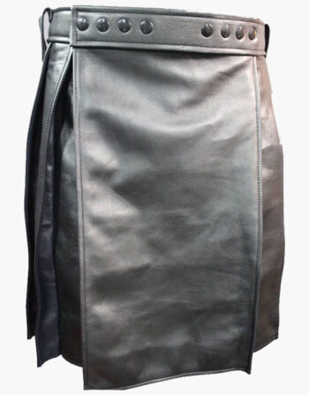 Pleated Black Leather Kilt with Navy Highlight