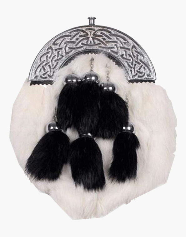 Chrome Celtic Cantle White Rabbit Sporran With 6 Black Fur Tassels