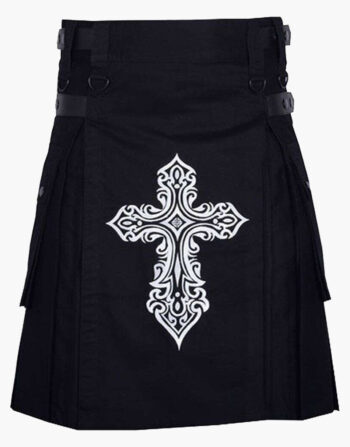 The Embroidered Celtic Utility Kilt blends heritage and functionality with intricate Celtic knotwork embroidery and practical pockets. Its durable fabric and adjustable straps ensure comfort and ease of movement. Ideal for those who appreciate cultural attire with a modern twist.