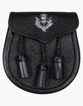 Black Leather Sporran With Thistle Badge