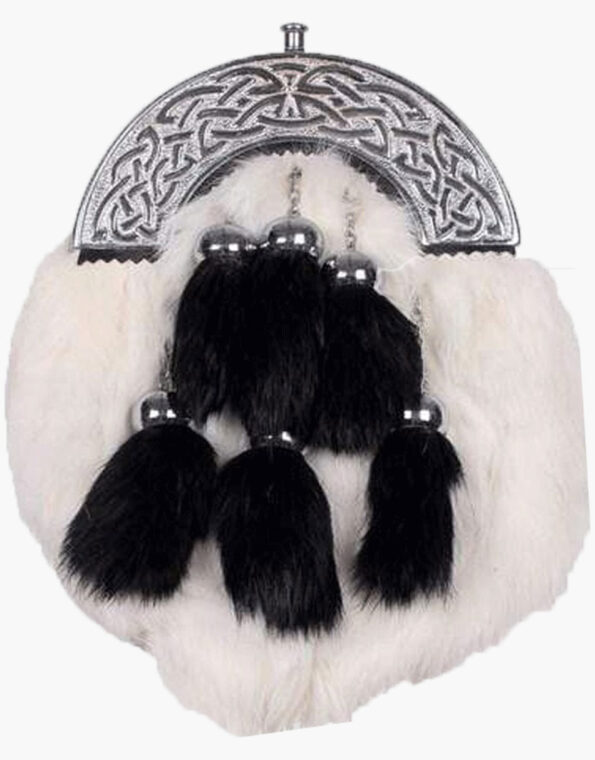 Chrome Celtic Cantle White Rabbit Sporran With 6 Black Fur Tassels