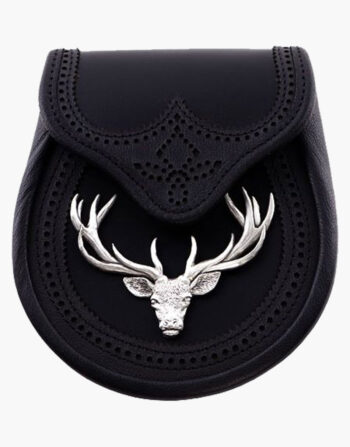 Stag Head Badge Semi Dress Black Leather Sporran